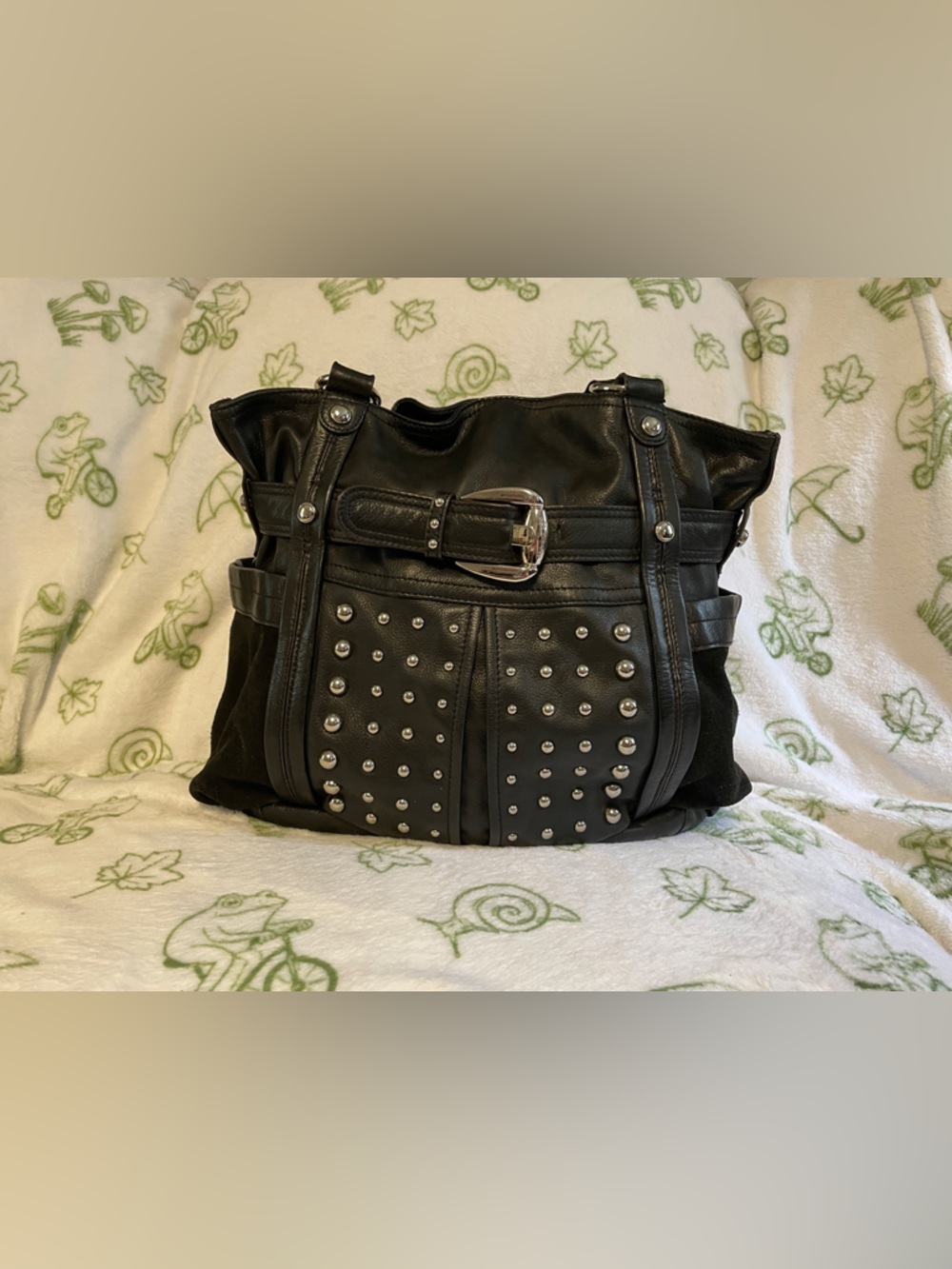 B Makowsky Black Studded Faux Leather Buckle Tote/ Like New